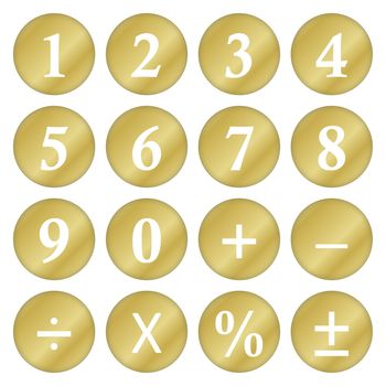 Golden mathematical numbers and symbols isolated in white background