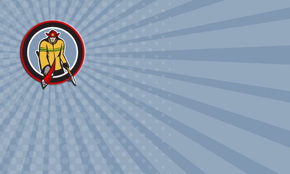 Business card showing illustration of a fireman fire fighter emergency worker holding a fire axe and hook pike pole viewed from front set inside circle done in retro style.