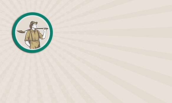 Business card showing illustration of a prospector miner wearing hat with shovel facing front set inside circle done in retro style on isolated background.