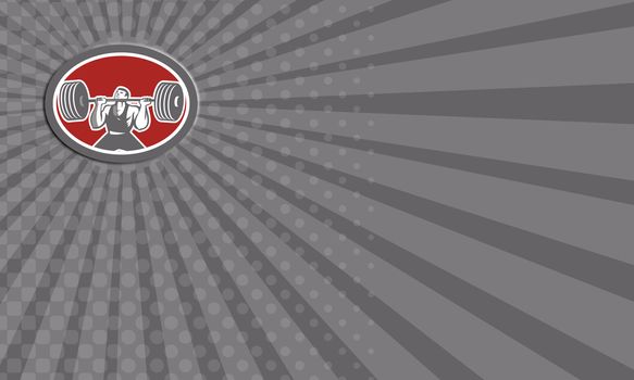 Business card showing illustration of a weightlifter lifting barbell set inside oval shape on isolated background viewed from front done in retro style.