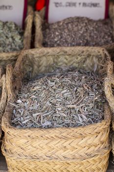 Plant, wicker baskets stuffed medicinal healing herbs