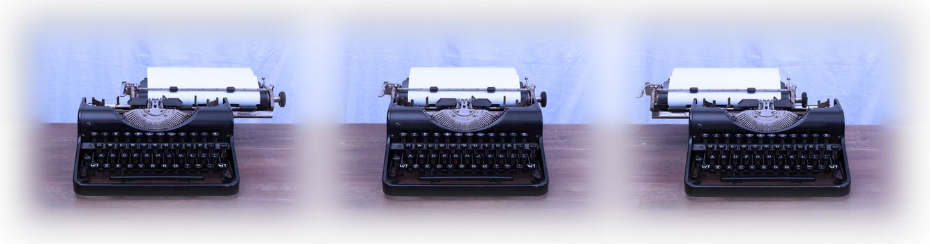 Old typewriter on wooden table, series of three