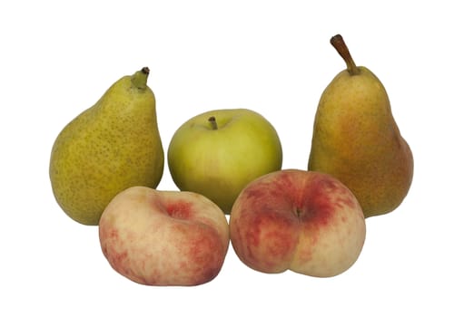Fresh summer fruit. Apple, pear and peach on white background