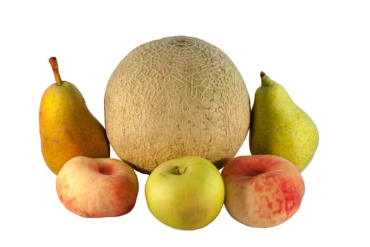 Fresh summer fruit. Apple, melon, pears and peaches on white background