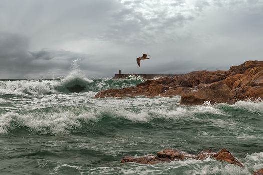 The ocean westbound of Portugal at the water mouth of the River Douro in Porto in autumn