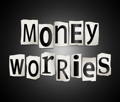 Illustration depicting a set of cut out printed letters arranged to form the words money worries.