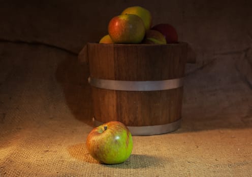 A apples in a wooden bucket still life
