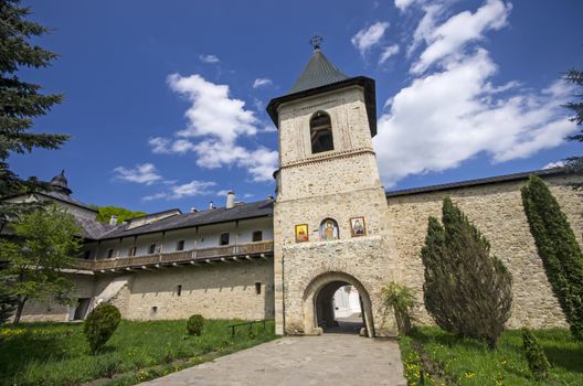 Secu monastery surrounding stone walls and entrance tower, Moldavia - Romania
