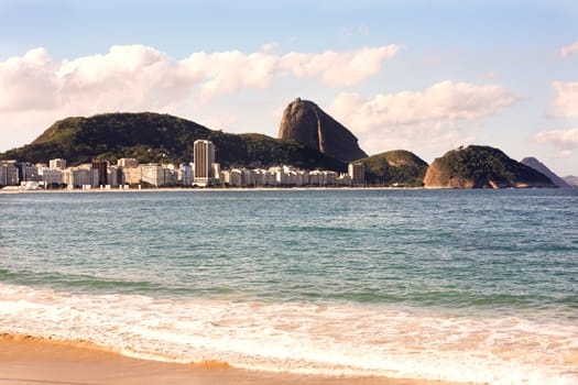 view of leme and sugar loaf from copacabana beach in rio de janeiro in brazil