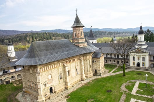 Medieval church of Neamt monastery and surrounding walls, Romania