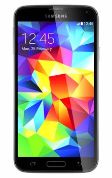 Galati, Romania - May 19, 2014: Samsung Galaxy S5 is the newest smart phone from Samsung and support 5.1 inches Multi-touch extream high resolution display (1080 x 1920 pixels) and Android OS. Device shows the lock screen. Isolated on white.