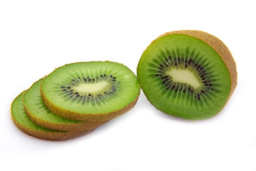 Freshly cut kiwi fruit on white background.