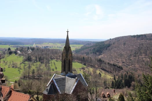 View of the Catholic Church in Dilsberg, over looking the German country side.