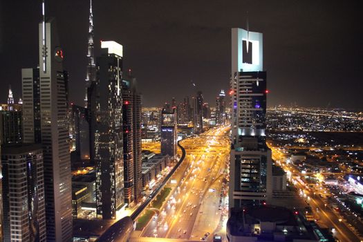Looking down Sheikh Zayed Road, Dubai's most prominent thoroughfare at night.