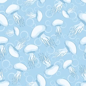 Seamless pattern, marine jellyfish on blue background.