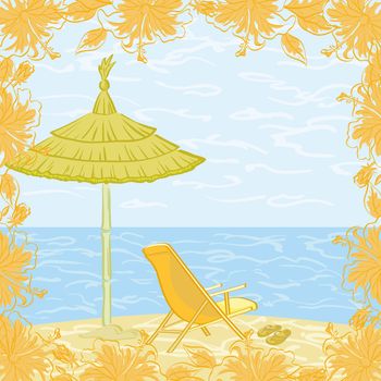 Sea beach with chairs, umbrellas and slippers and frame of hibiscus flowers.