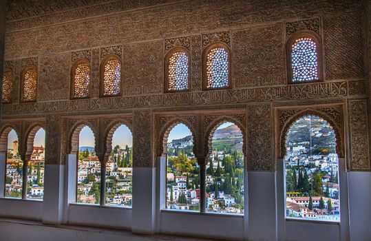 Alhambra Moorish Wall Windows Patterns Designs City View Granada Andalusia Spain  