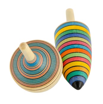 vintage wooden toy spinners isolated on white background
