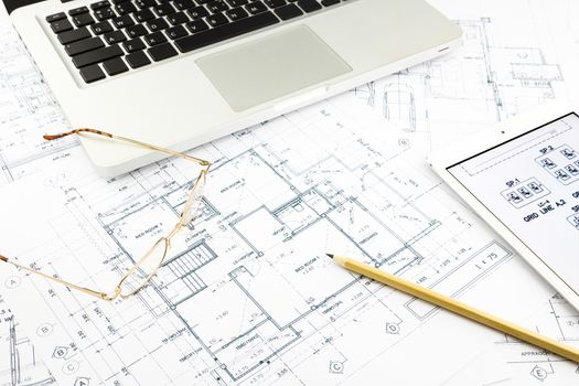 house blueprints and floor plan with notebook, architecture business concepts and ideas