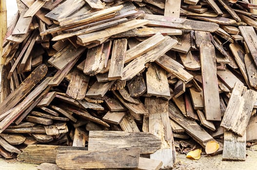 Pile of old wooden roof for recycling