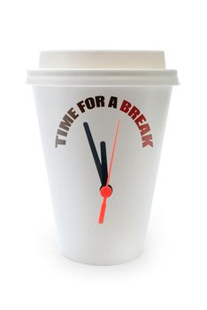 Time for a coffee break concept with clock hands attached to a paper cup  