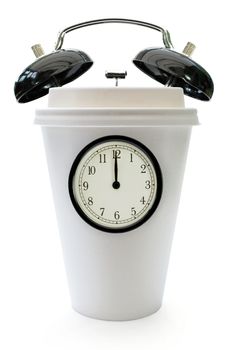 Taking a break concept with clock face and alarm bells around a plastic coffee cup over a white background