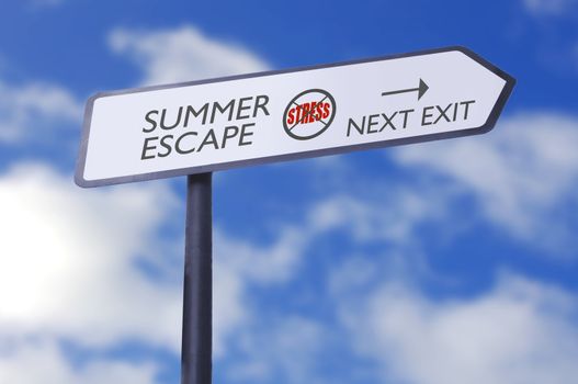 Summer escape street sign with stress free zone symbol