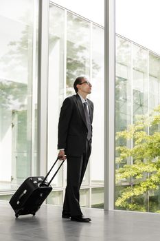 businessman in formal wear walking and holding trolley bag