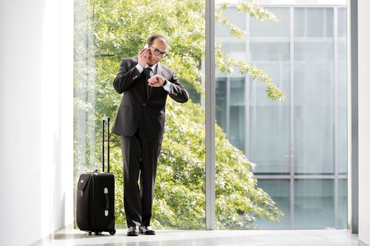 Formal wear Businessman with trolley case looking at his watch and talking on phone