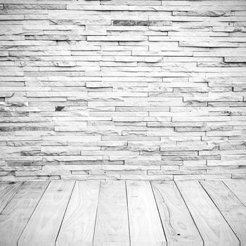 White tile Brick wall with wooden floor background texture