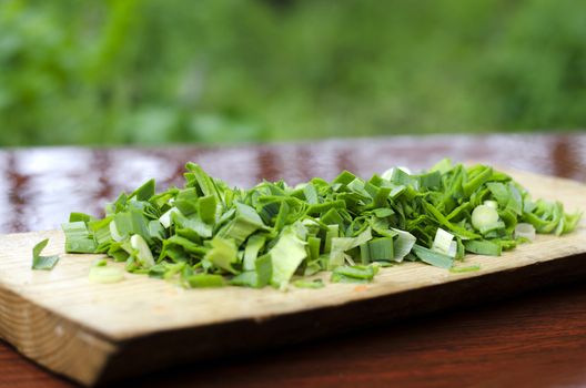 Chopped green onions on a cutting Board on the rain-drenched table on the background of grass