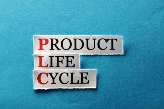 PLC Product Life Cycle, words on cut paper hard light