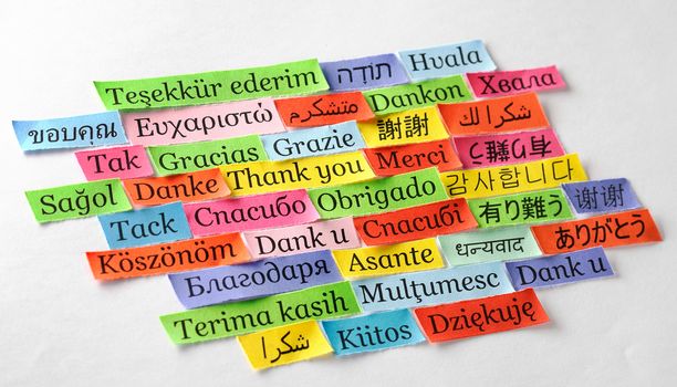 Thank You Word Cloud printed on colorful  paper different languages