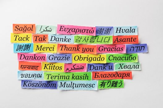 Thank You Word Cloud printed on colorful  paper different languages