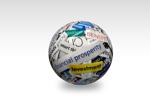 collage of paper headlines about the world economy on 3D sphere