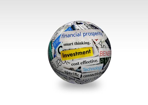 collage of paper headlines about the world economy on 3D sphere