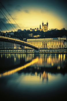 View of Saone river at Lyon by night, France, special photographic processing 