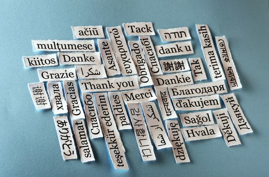 Thank You Word Cloud  printed on  paper on blue font