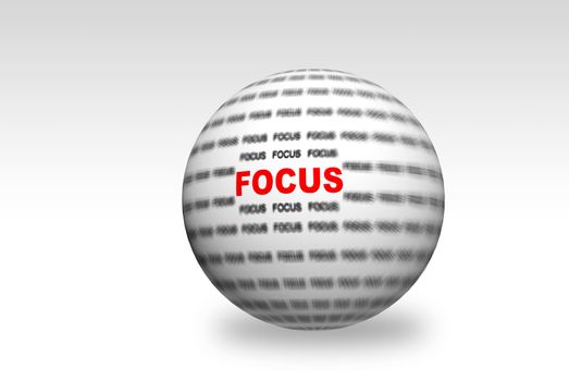 Blurred text with a focus in red on center on 3D sphere