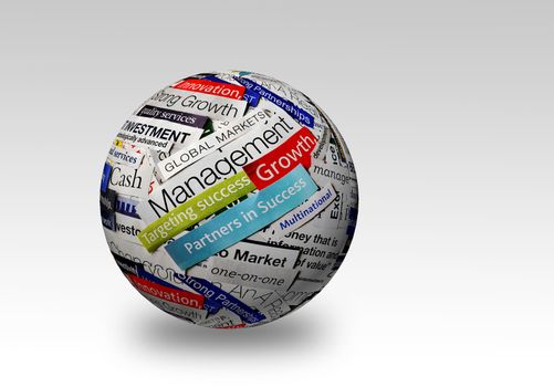 collage of paper headlines about the world economy on 3D sphere