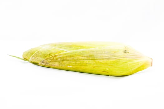 fresh corn fruits with green leaves on white background