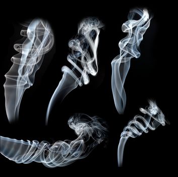 White blue  smoke collection isolated on black background