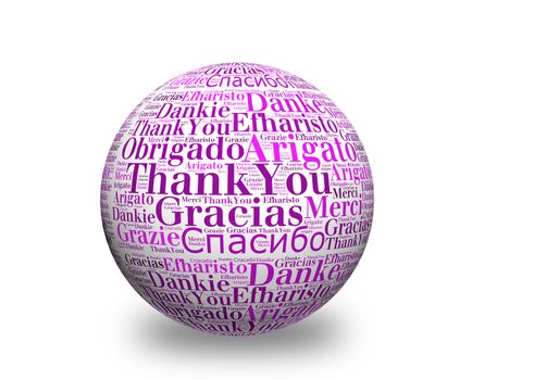 Conceptual thank you word cloud written on 3d sphere. Terms in different languages such as merci, mahalo, danke, gracias, kitos, grazie and more.