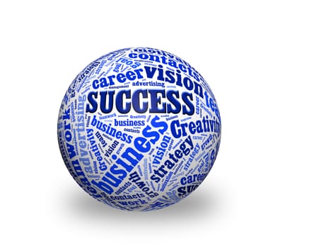 SUCCESS, in a word cloud designed in a 3D sphere with shadow