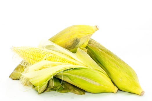 fresh corn fruits with green leaves on white background