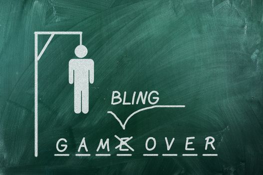 gallows game on green blackboard and text "Gambling  Over" .Gambling addiction concept