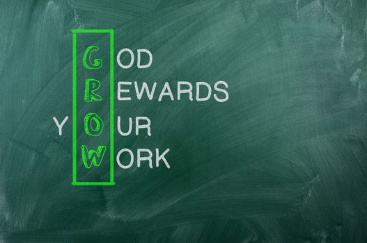 GROW acronym "God Reward Your Work" , written with  chalk on blackboard .
