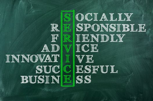 Success and other related words, handwritten in crossword on green blackboard.Socially responsible successful   Business concept.