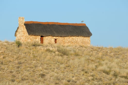 Historical settler home at Auchterlonie in the Kgalagadi Transfrontier Park with Black-headed heron on roof.
