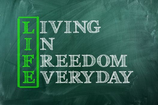 Acronym concept of Life  and other releated words on green chalkboard